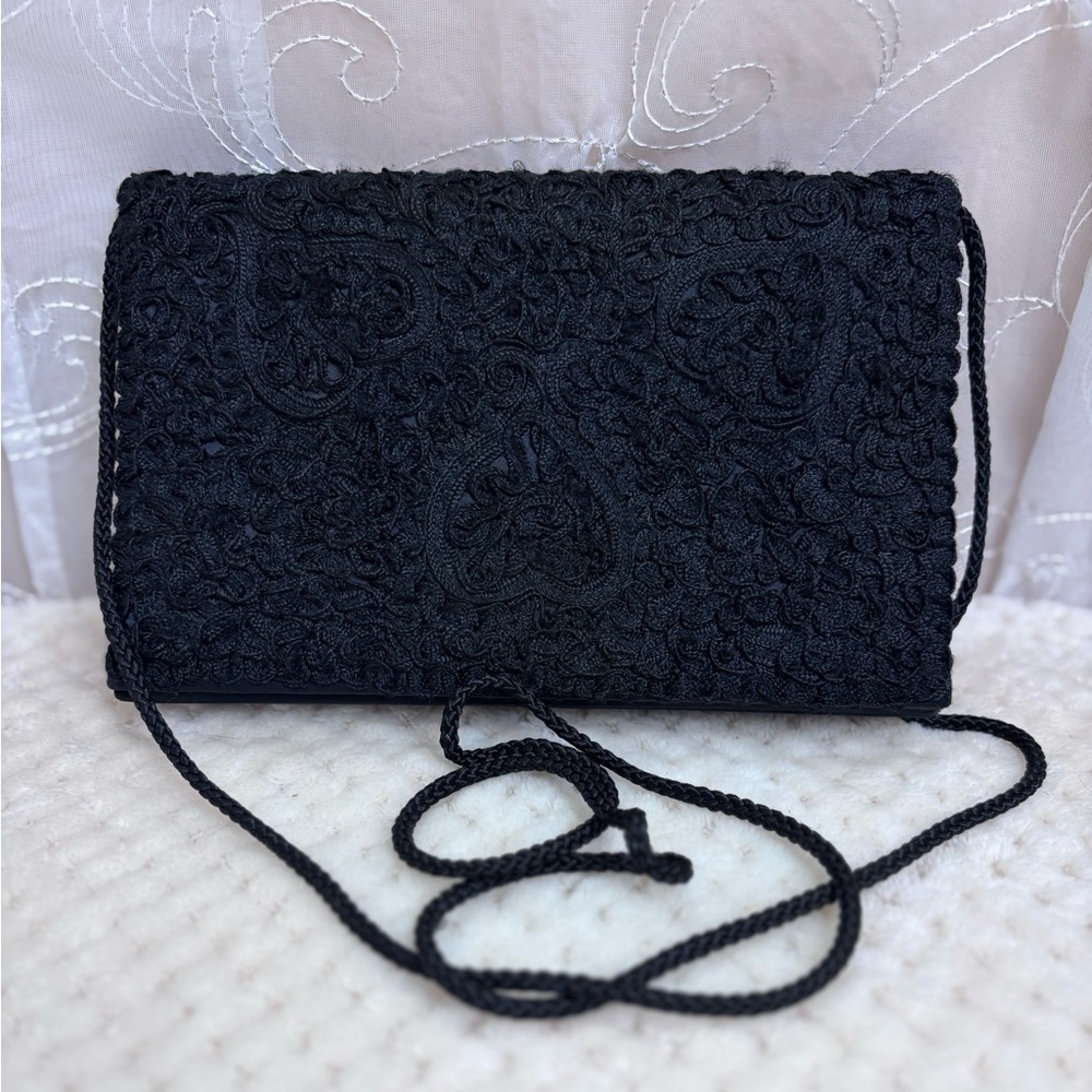 Ann Taylor Black Embroidered Evening Purse w/ Crossbody Strap